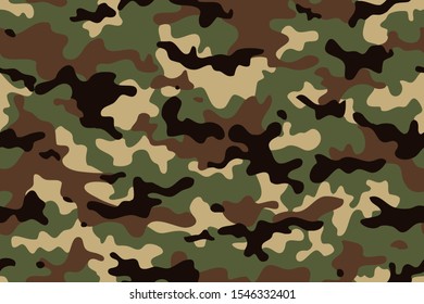 Camouflage seamless pattern. Trendy style camo, repeat print. Vector illustration. Khaki texture, military army green hunting