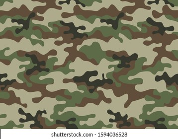 Camouflage seamless pattern. Trendy style camo, repeat print. Vector illustration. Khaki texture, military army green hunting