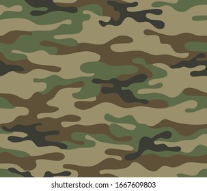 Camouflage seamless pattern. Trendy style camo, repeat print. Vector illustration. Khaki texture, military army green hunting print