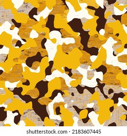 Camouflage seamless pattern. Trendy style camo, repeat print. Vector illustration. Khaki texture, military army yellow hunting