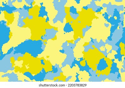 Camouflage seamless pattern. Trendy style camo colors of Ukraine, repeat print. Vector illustration. blue and yellow color texture, military army hunting print