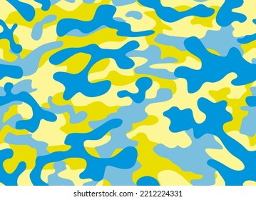 Camouflage seamless pattern. Trendy style camo colors of Ukraine, repeat print. Vector illustration. blue and yellow color texture, military army hunting print