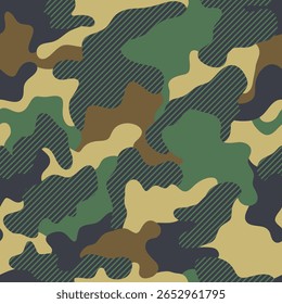 Camouflage seamless pattern. Trendy style camo, repeat print. Vector illustration. Khaki texture, military army green hunting