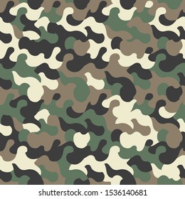 Camouflage seamless pattern. Urban fashion clothing style. Splashes camo repeat print. Khaki green classic color texture. Textile design. Stock Vector
