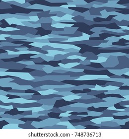 Camouflage seamless pattern. Vector geometric camo background with monochrome blue marine texture.