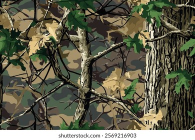 Camouflage seamless pattern. Vector tree hunting camouflage woodland pattern. Hunting camouflage background. Deer hunting camo