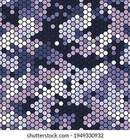 Camouflage seamless pattern with violet hexagonal geometric camo ornament
