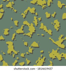 Camouflage seamless pattern. Yellow shapes with shadow. Olive green background.