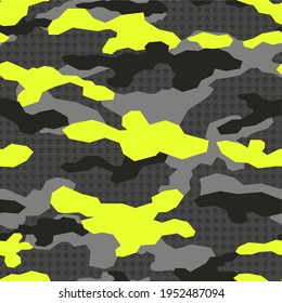 Camouflage seamless pattern yellow from spots. Abstract camo background with mesh. Military texture. Print on fabric on paper. Vector