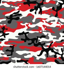 Camouflage seamless pattern.Army texture.Red and gray spots on a white background.Abstract.Print