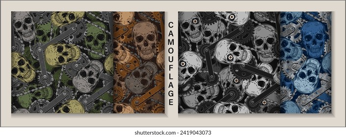 Camouflage seamless patterns with human skulls, mechanism with gears, bike chain. Dark scary gothic illustration in steampunk style. For apparel, fabric, textile, sport goods.