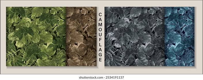 Camouflage seamless patterns with lush foliage, leaves, pieces of hexagon net. Wild nature. For apparel, fabric, textile, sport goods design.