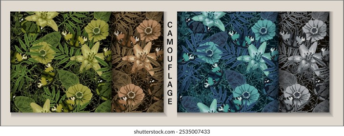 Camouflage seamless patterns with lush foliage, leaves, flowers, butterfly. Wild nature. For apparel, fabric, textile, sport goods design.