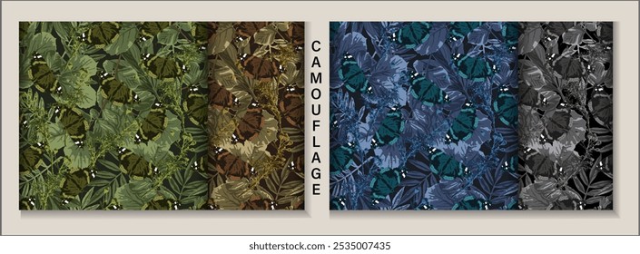 Camouflage seamless patterns with lush foliage, leaves, butterfly. Wild nature. For apparel, fabric, textile, sport goods design.