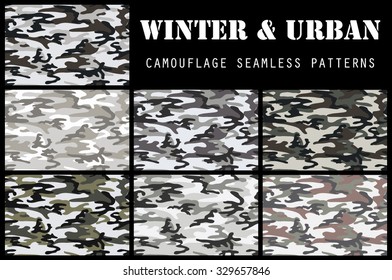 Camouflage seamless patterns. Winter and urban style. Four color scheme