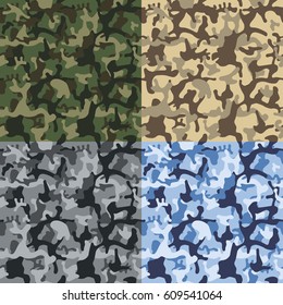 Camouflage seamless texture pattern set. Green, blue, sand, gray camouflages. Vector fabric, camo textile print designs.