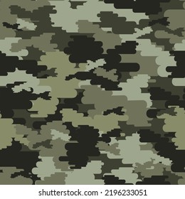 Camouflage seamless vector pattern. Abstract modern vector military background. Fabric textile print template. Classic clothing style masking camo repeat print, shades of Green, brown, olive colors 