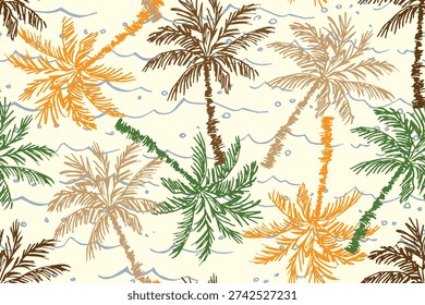 Camouflage seamless vector pattern. Green, brown, orange colors. Palm trees and sea waves. Tropical print, Hawaiian shirt, safari.