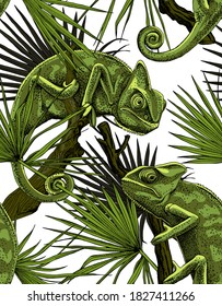 Camouflage Seamless wallpaper pattern. Chameleon on the branch and exotic palm leaves. Textile composition, hand drawn style print. Vector illustration.