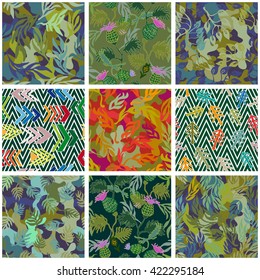 Camouflage set. Collection of seamless vector patterns. Camo floral, geometric motifs. Willow frees, palm leaves, burdock, chevron print. Military textile collection.