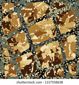 Camouflage with shades of gold, bronze and copper. Seamless texture. The picture is covered with a contrasting oblique grille.