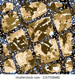 Camouflage with shades of gold, bronze and copper. Seamless texture. The picture is covered with a contrasting oblique grille.