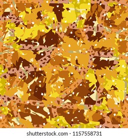 Camouflage with shades of gold, bronze and copper. Seamless texture. The picture is covered with a network consisting of dancing lines.