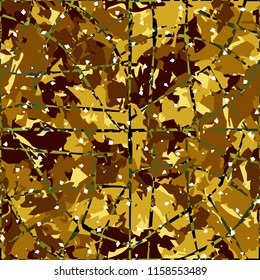 Camouflage with shades of gold, bronze and copper. Seamless texture. The picture is covered by a contrasting network consisting of chaotic lines.