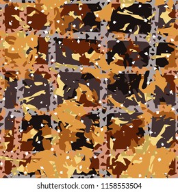 Camouflage with shades of gold, bronze and copper. Seamless texture. The picture is covered with a network consisting of quadrangles.