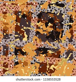 Camouflage with shades of gold, bronze and copper. Seamless texture. The picture is covered by a network consisting of quadrangular cells formed by wide lines.