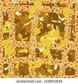 Camouflage with shades of gold, bronze and copper. Seamless texture. The picture is covered by a network consisting of quadrangular cells formed by wide lines.