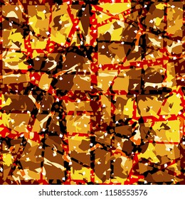 Camouflage with shades of gold, bronze and copper. Seamless texture. The picture is covered with a network of multidirectional holey lines.