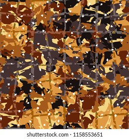 Camouflage with shades of gold, bronze and copper. Seamless texture. The picture is covered with a network consisting of quadrangles.