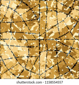 Camouflage with shades of gold, bronze and copper. Seamless texture. The picture is covered by a contrasting network consisting of chaotic lines.