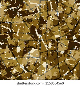 Camouflage with shades of gold, bronze and copper. Seamless texture. The picture is covered by a contrasting network consisting of chaotic lines.