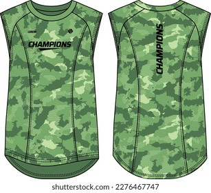 Camouflage Sleeveless base layer Tank Top Basketball jersey vest design flat sketch illustration template, sport jersey concept with front and back view for Men and women Volleyball and badminton kit