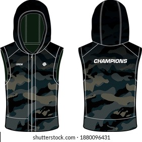 Camouflage Sleeveless Hoodie Tank Top jacket, Gilet vest design t-shirt template, sports jersey concept with front and back view for Men and women. Basketball, football, Rugby, training wear.