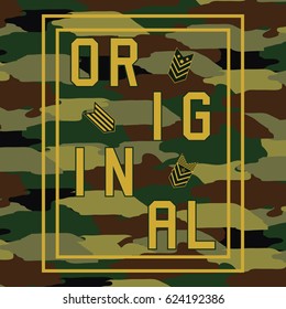 Camouflage slogan typography, t-shirt graphics, vectors