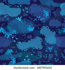 Camouflage sport pattern background seamless vector illustration. Classic camouflage sport pattern clothing style masking camo repeat print. Blue colors sea texture. Pattern for kids, boys, girls.