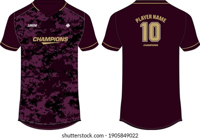 Camouflage Sports jersey t shirt design concept vector template, Football jersey concept with front and back view for Cricket, soccer, Volleyball, Rugby, tennis and badminton uniform