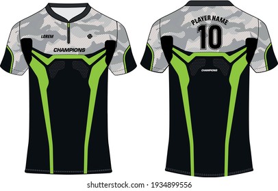 Camouflage Sports jersey t shirt design concept vector template, Football jersey concept with front and back view for Soccer, Cricket, Volleyball, Rugby, tennis, badminton and active wear uniform.