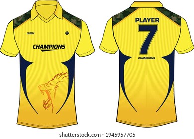 Camouflage Sports jersey t shirt design concept vector template, Cricket jersey concept with front and back view for Chennai Super kings jersey