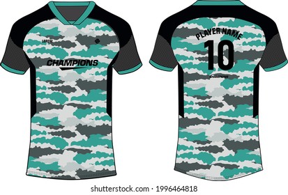 Camouflage Sports jersey t shirt design concept vector template, football jersey concept with front and back view for Cricket, soccer, Volleyball, Rugby, tennis and badminton uniform