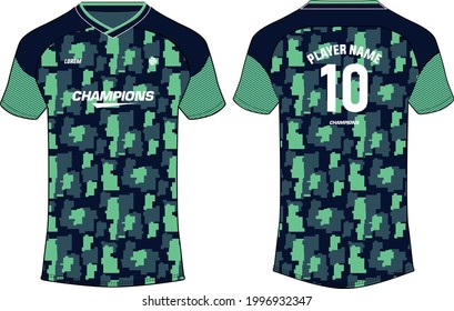 Camouflage Sports jersey t shirt design concept vector template, football jersey concept with front and back view for Cricket, soccer, Volleyball, Rugby, tennis and badminton uniform