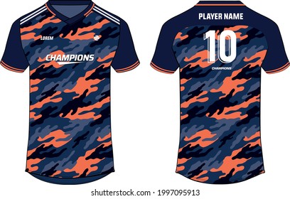 Camouflage Sports jersey t shirt design concept vector template, v neck football jersey concept with front and back view for Cricket, soccer, Volleyball, Rugby, tennis and badminton uniform