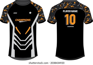 Camouflage Sports jersey t shirt design concept vector template, football jersey concept with front and back view for Cricket, soccer, Volleyball, Rugby, tennis and badminton uniform