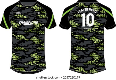 Camouflage Sports jersey t shirt design concept vector template, football jersey concept with front and back view for Cricket, soccer, Volleyball, Rugby, tennis and badminton uniform