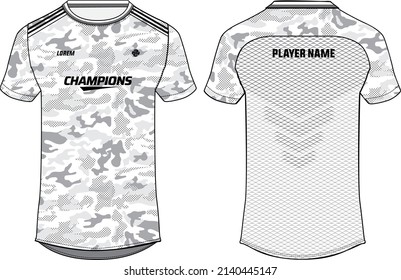 Camouflage Sports jersey t shirt design Flat sketch illustration, Round neck football jersey concept with front and back view for Cricket, soccer, Volleyball, Rugby, tennis and badminton uniform kit