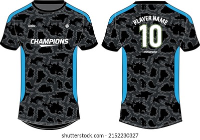 Camouflage Diseño de camisetas de la camiseta deportiva Ilustración de sketch plana, Jersey de fútbol de cuello redondo con vista frontal y posterior para el juego de uniformes de críquet, fútbol, voleibol, rugby, tenis y bádminton