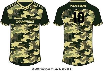 Camouflage Sports jersey t shirt design concept vector template, v neck football jersey concept with front and back view for Cricket, soccer, Volleyball, Rugby, tennis and badminton uniform kit